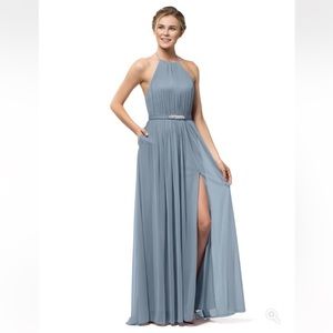 Azazie dusty blue low back gown